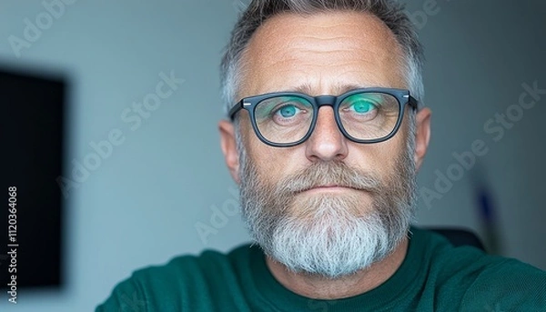 Fototapeta A middle-aged man with glasses and a beard gazes thoughtfully in a stylish room