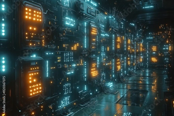 Fototapeta Futuristic corridor with glowing panels and circuitry, suggesting advanced technology.