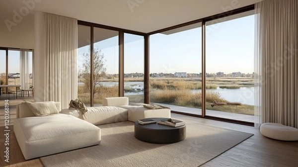 Fototapeta Modern Lakeside Living Room with Panoramic Views