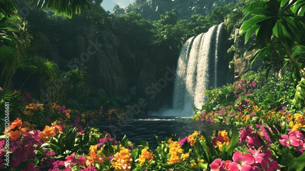 Fototapeta Serene Tropical Paradise with Majestic Waterfall, Vibrant Flowers, Lush Greenery, and Tranquil Reflection in Clear Pool of Water Surrounded by Exotic Flora and Fauna