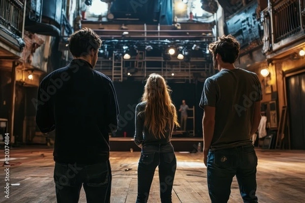 Obraz Group of performers observing a rehearsal in an old theater at dusk