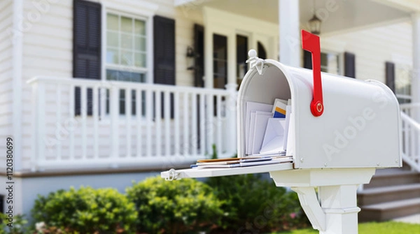 Fototapeta Suburban house with an open mailbox containing letters and flyers, illustrating mail service