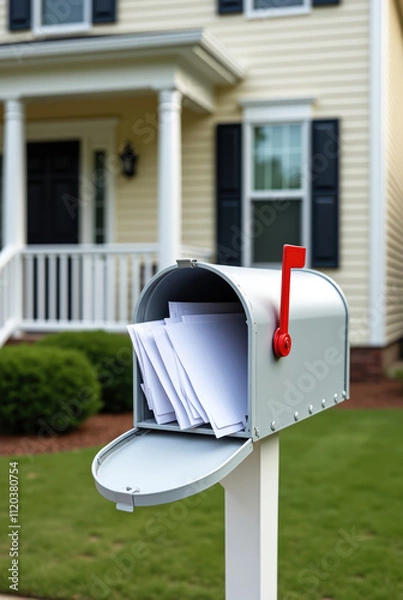 Fototapeta Open mailbox with letters in front of a suburban home, depicting everyday mail delivery