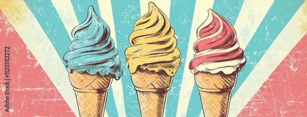 Fototapeta Wide panoramic Vintage style cover illustartion background with colorful flavoured ice cream cones in creamy background  
