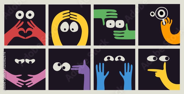 Fototapeta Comic emoji color icons with hands and eyes. Various finger gestures, signs and symbols. Vector cartoon abstract trendy flat isolated face emotions set