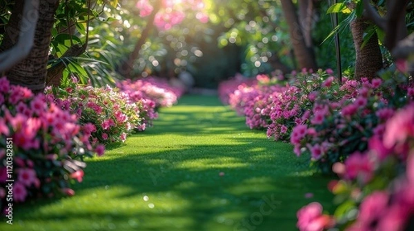 Obraz Sunlit garden path lined with vibrant pink flowers and lush green grass.