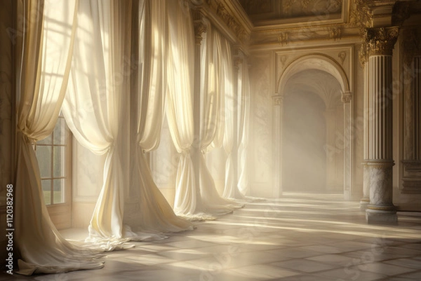 Obraz Architectural Photography of an Elegant Baroque Room with Flowing Drapes, Columns, Misty Atmosphere Photo Overlay

