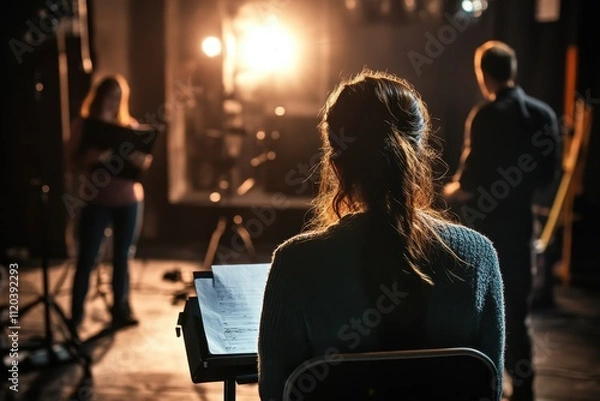 Obraz Actors rehearsing a performance under bright stage lights in a theater setting