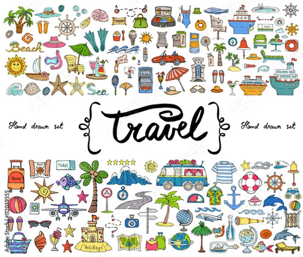 Fototapeta Vector set with hand drawn colored doodles on the  theme of travel, tourism. Sketches for use in design