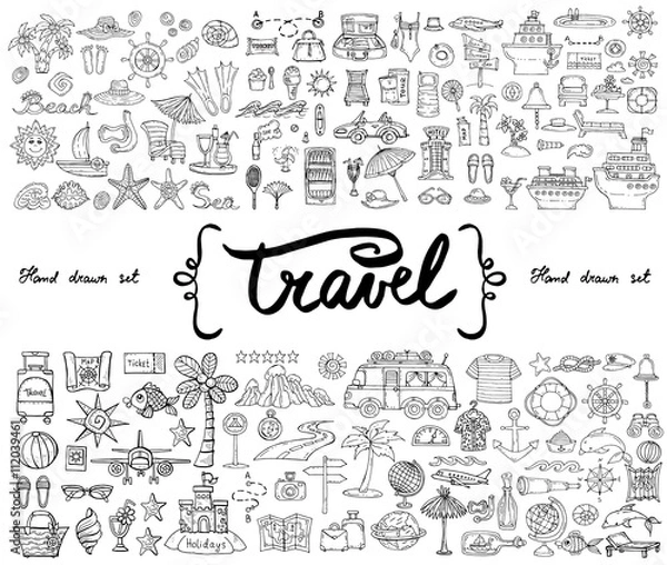 Fototapeta Vector set with hand drawn isolated doodles on the  theme of travel and tourism. Sketches for use in design
