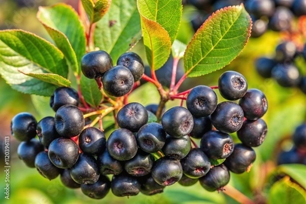 Fototapeta A vibrant cluster of ripe chokeberries hanging on a branch, surrounded by lush green leaves in a sunlit garden.