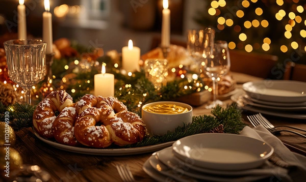Obraz A festive arrangement of soft pretzels dusted with salt, served with a creamy dip, surrounded by holiday decorations.