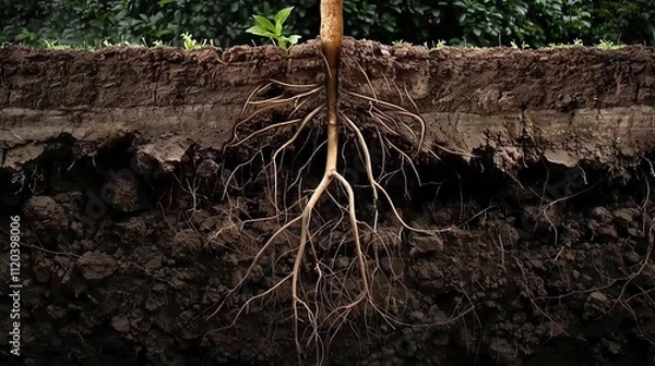 Fototapeta a cross-section of an underground tunnel wall made of dirt with roots visible, photorealistic with dark lighting -