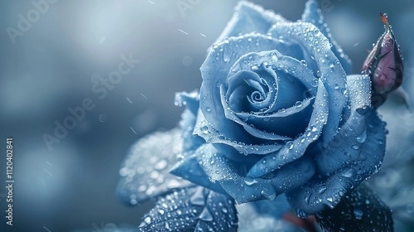 Obraz Close-up of a vibrant blue rose with delicate snowflakes against a soft winter backdrop