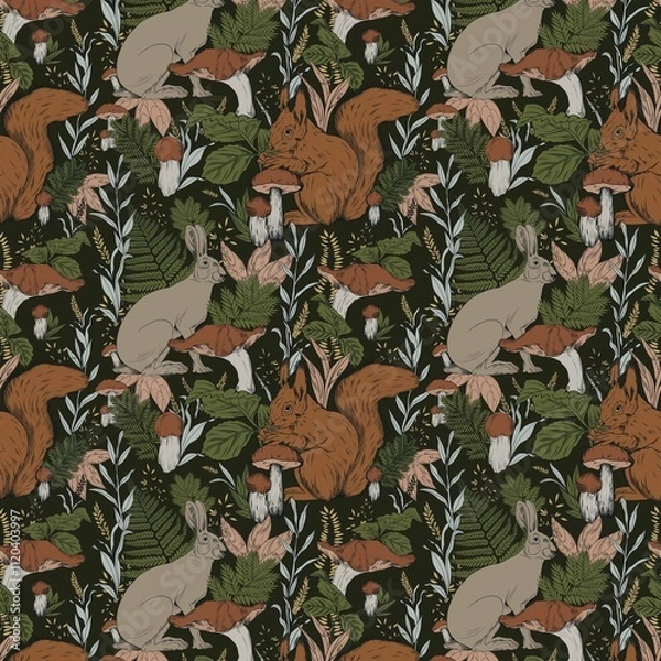 Fototapeta seamless pattern with forest animals hare squirrel mushrooms leaves children's wallpaper