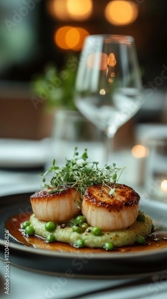 Obraz Scallops on creamy puree with fresh peas