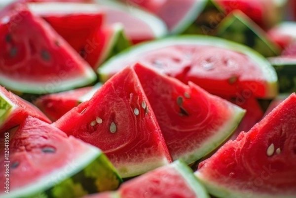 Fototapeta Freshly cut watermelon slices arranged on a white plate ready to be enjoyed during a summer picnic in a sunny outdoor setting