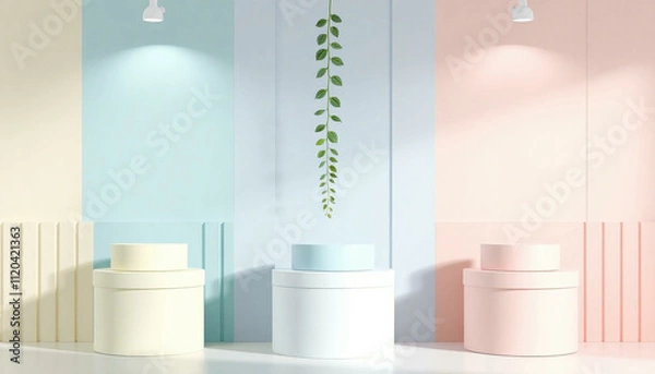 Fototapeta Minimalist pastel podiums, Geometric shapes, Soft color palette