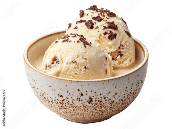 Fototapeta Delicious vanilla ice cream with chocolate flakes in a rustic bowl, perfect for summer treats.