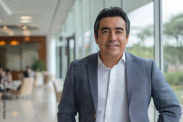 Obraz Portrait of a successful Mexican businessman looking at camera and smiling inside modern office building