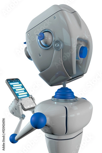 Obraz White robot with blue joints gesturing with his face while chatting with his smartphone against transparent background. 3D Illustration