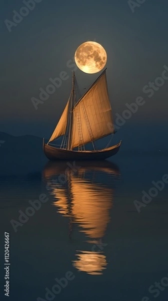 Fototapeta A sailboat floating on the lake under moonlight