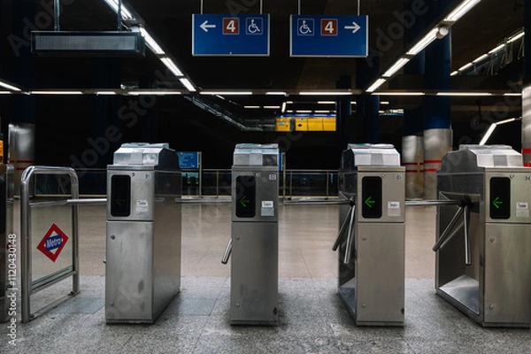 Fototapeta A row of turnstiles are lined up in a station. The turnstiles are silver and have a green arrow on them