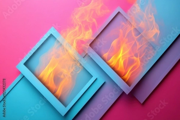 Fototapeta A vibrant abstract design featuring frames with flames against a colorful background.