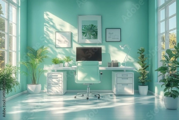 Fototapeta A serene, modern office space with plants and natural light promoting productivity.