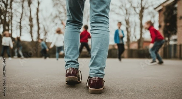 Obraz Young children playing outdoors in playground with focus on one child's shoes