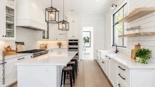Fototapeta Modern Minimalist Kitchen Design Featuring White Cabinets, Matte Black Accents, and Geometric Lighting Elements for a Chic and Contemporary Home Atmosphere