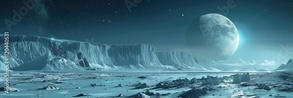 Fototapeta Expansive alien landscape with a massive moon and rugged ice formations at night