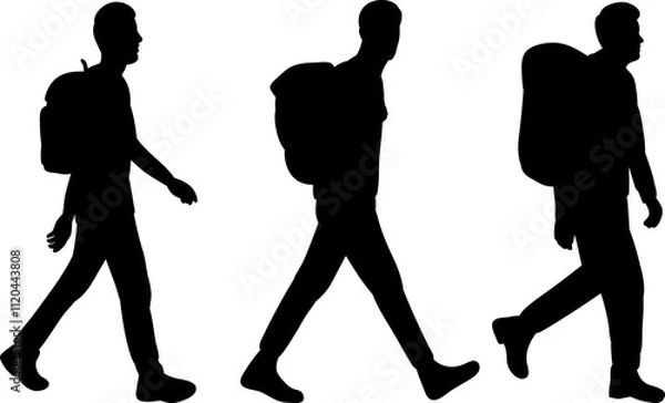 Obraz men with backpacks walking silhouette on white background, vector