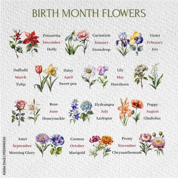 Obraz birth month flower, flower set, flower of the month of the year, Poinsettia, Violet, Holly, Carnation, Iris, Tulip,  Snowdrop, Daffodil, Daisy, Honeysuckle, Hydrangea, Larkspur, Poppy, Gladiolus
