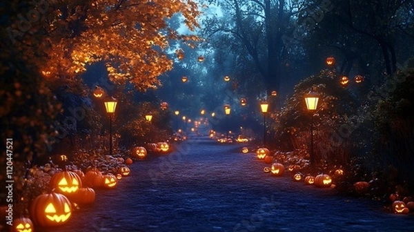 Obraz Dark Halloween path glowing pumpkins and lanterns theme image