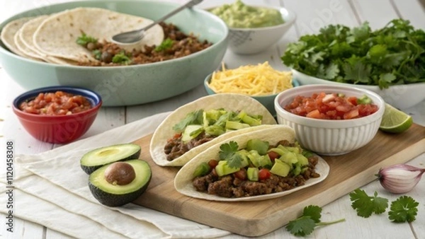 Fototapeta A kitchen island transformed into a buffetstyle dining spot featuring an array of tacos. Soft corn tortillas are topped with ed ground beef along with bowls of toppings shredded