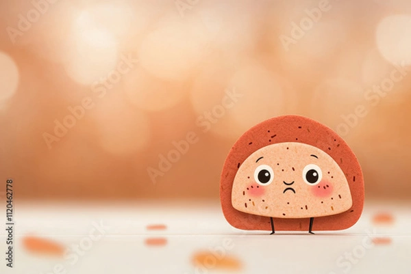 Fototapeta Sad cartoon-style toy with a speckled design on a table and warm blurred background