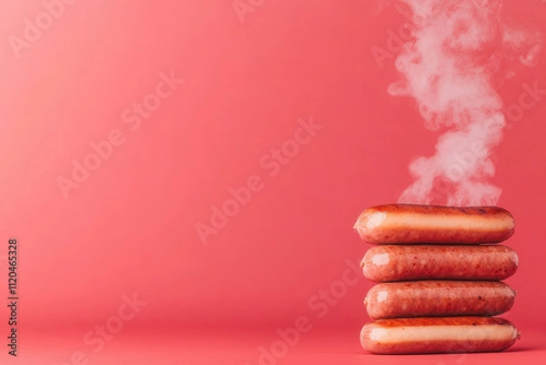 Fototapeta Stacked steaming sausages against vibrant red background in barbecue food presentation