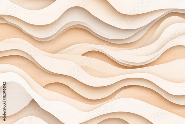 Fototapeta Abstract layered paper texture with wavy beige and cream tones creating a serene minimalist design
