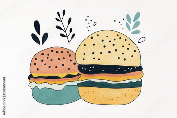 Fototapeta Illustration of colorful artistic burgers with whimsical design elements and botanical touches