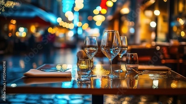Fototapeta Serene Night Reflections on an Empty Table in a Street Setting