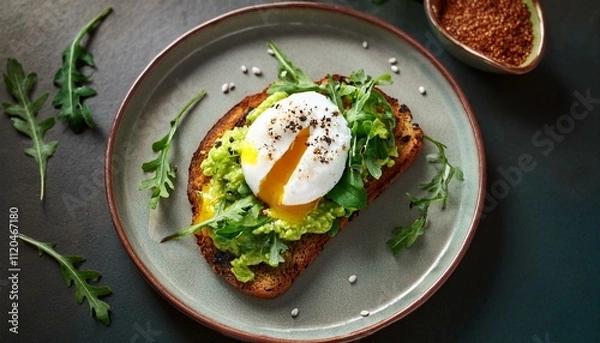 Fototapeta Delicious avocado toast topped with a poached egg and fresh greens on a rustic plate. Generative AI