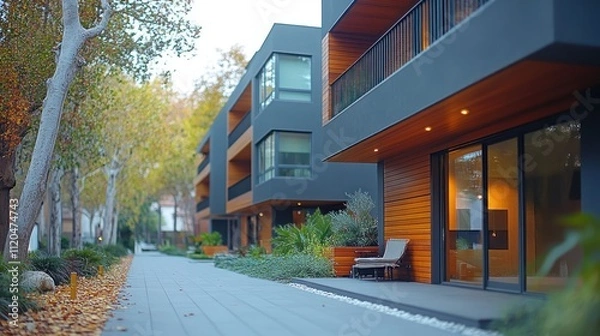 Fototapeta Modern apartment complex with pathway, autumn leaves.