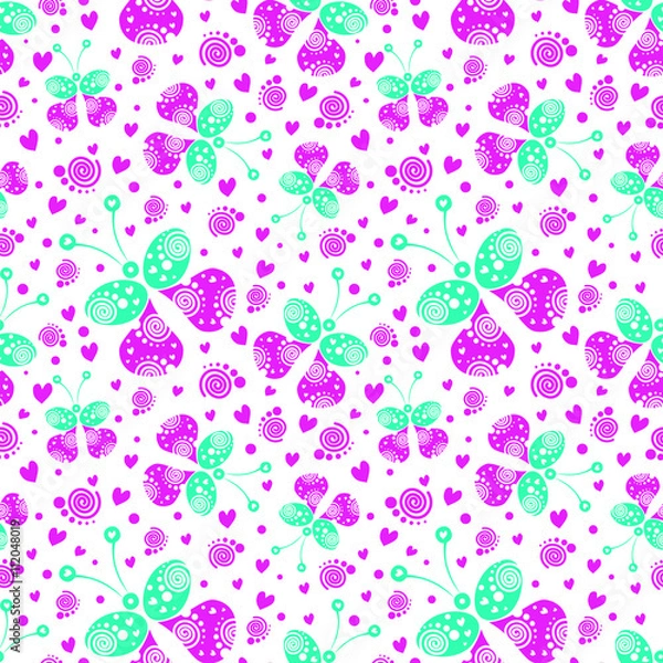Fototapeta Seamless vector pattern with insects, background with green and pink decorative ornamental butterflies on the white backdrop. Decorative repeating ornament. Series of Insects Seamless Patterns.
