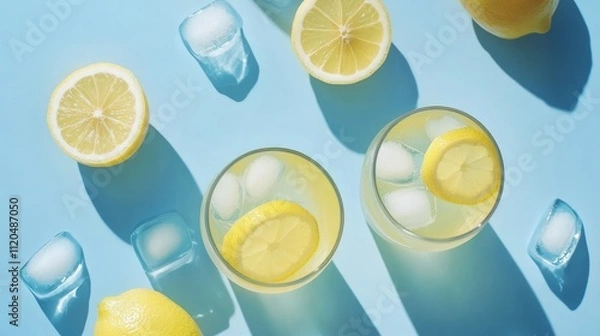 Fototapeta A panoramic view of a refreshing lemonade with ice cubes and lemon slices.

