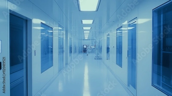 Fototapeta An advanced cleanroom environment with technicians working on semiconductor production.

