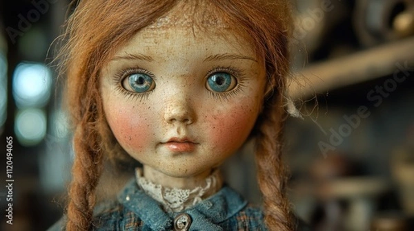 Fototapeta A vintage doll with striking blue eyes and braided hair exudes an enigmatic and timeless charm, surrounded by a blurred background of nostalgic memorabilia