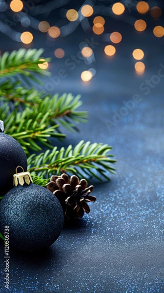 Obraz Festive vertical composition with pine branches, pinecones, and dark glittery background