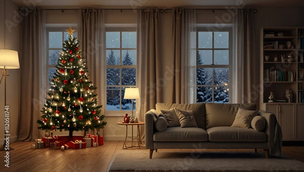 Fototapeta illustration of living room and christmas tree with gifts