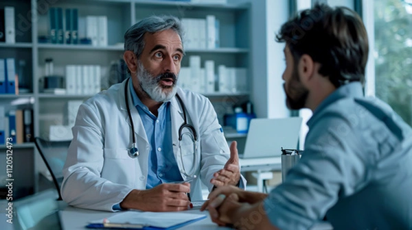 Fototapeta Doctor discussing with a patient while seated at a desk in a hospital.